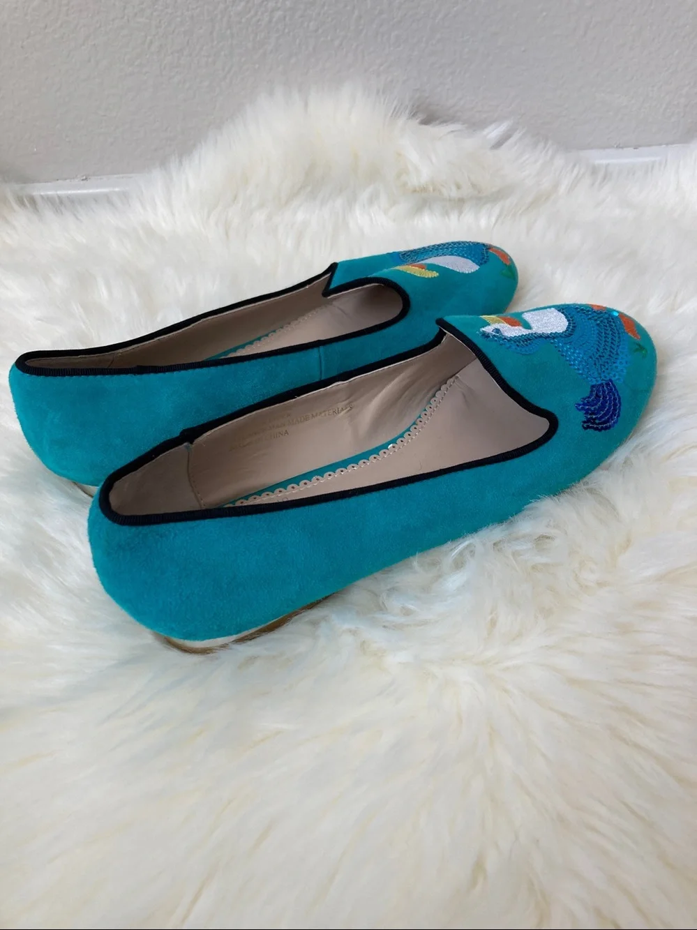 Rara Avis by Iris Apfel Turquoise Suede Pelican Sequin Flats Loafer Dodo bird 8